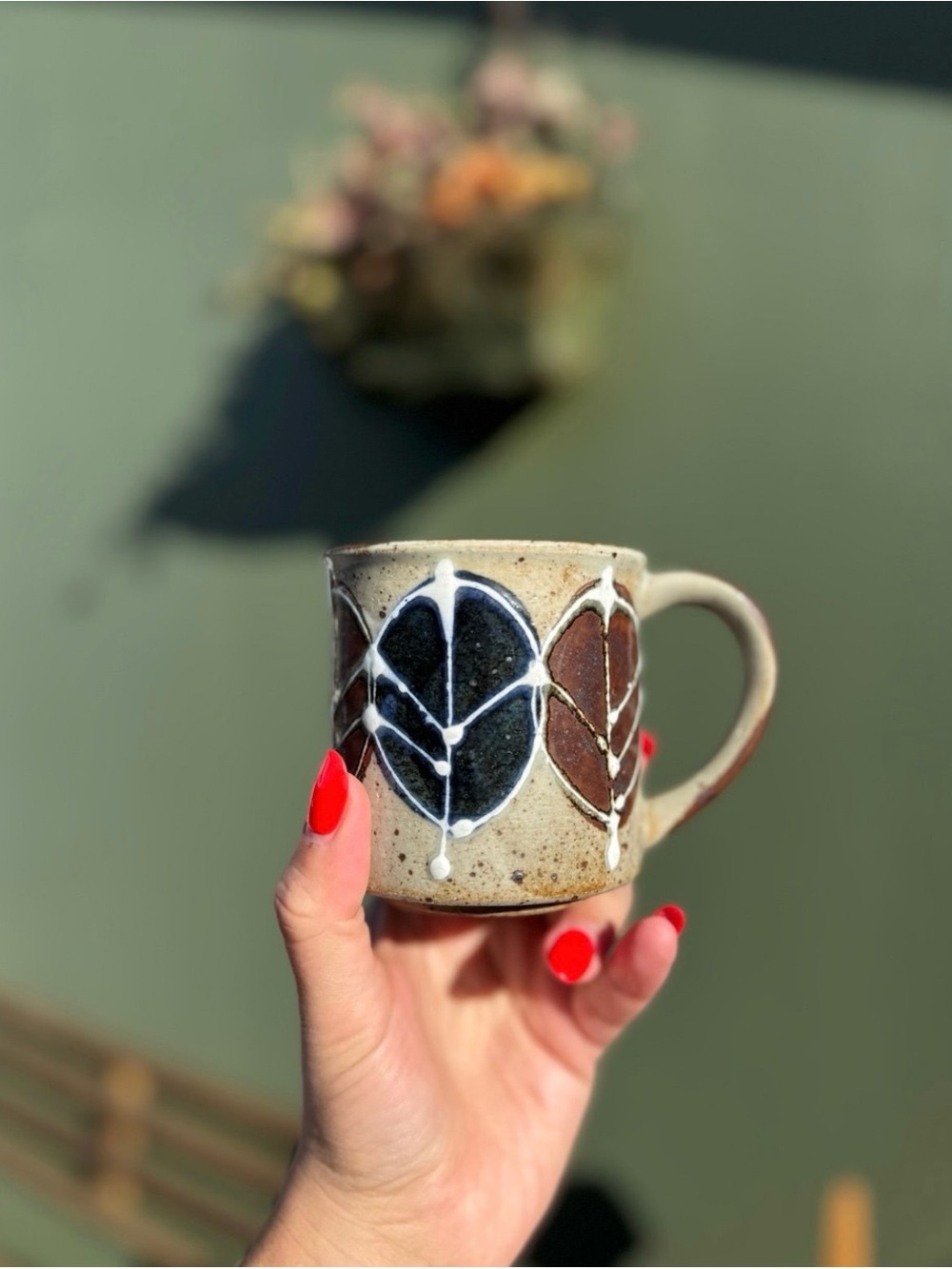 Handmade Ceramic Mug with Black and Brown Leaf Pattern
